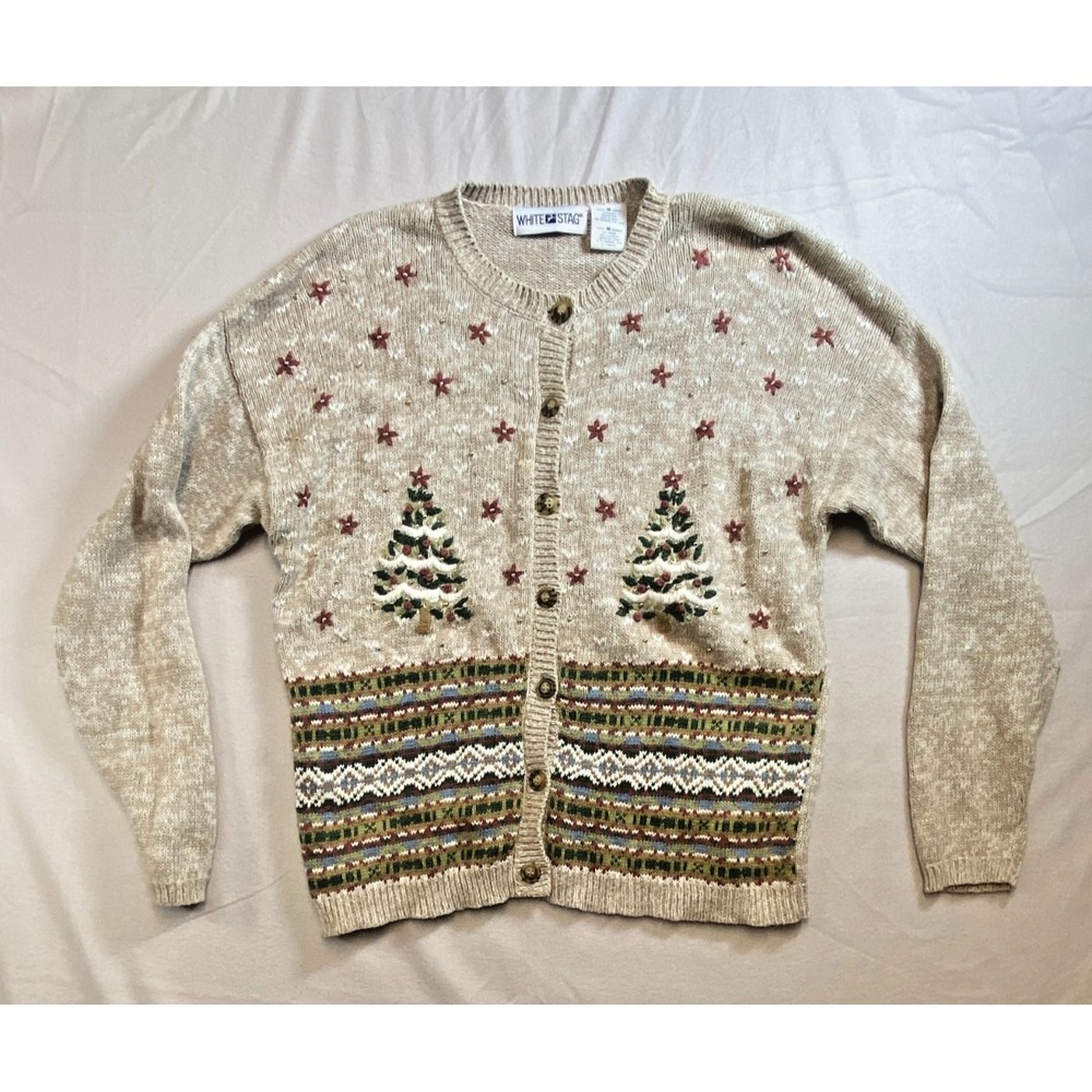 White Stag‎ Christmas Tree Embroidered Bead Sweater Cotton Ramie Holiday Medium